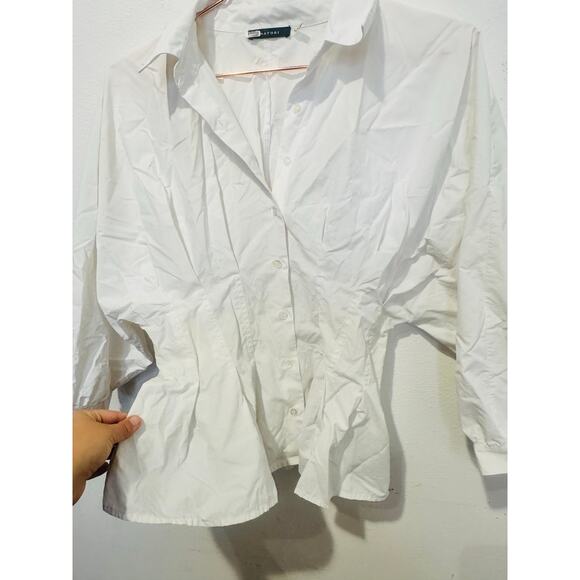 NATORI White Peplum Hem Voluminous Sleeves Techno Polplin Blouse Top Size 4 - Picture 10 of 11